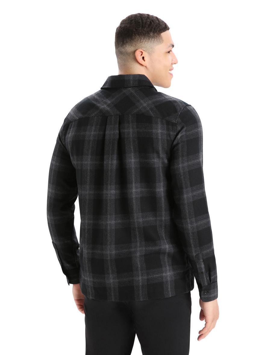 Icebreaker Merino Dawnder Long Sleeve Flannel Shirt Plaid Férfi Kapucnis Pulóver Fekete Szürke | HU 1256ILHS